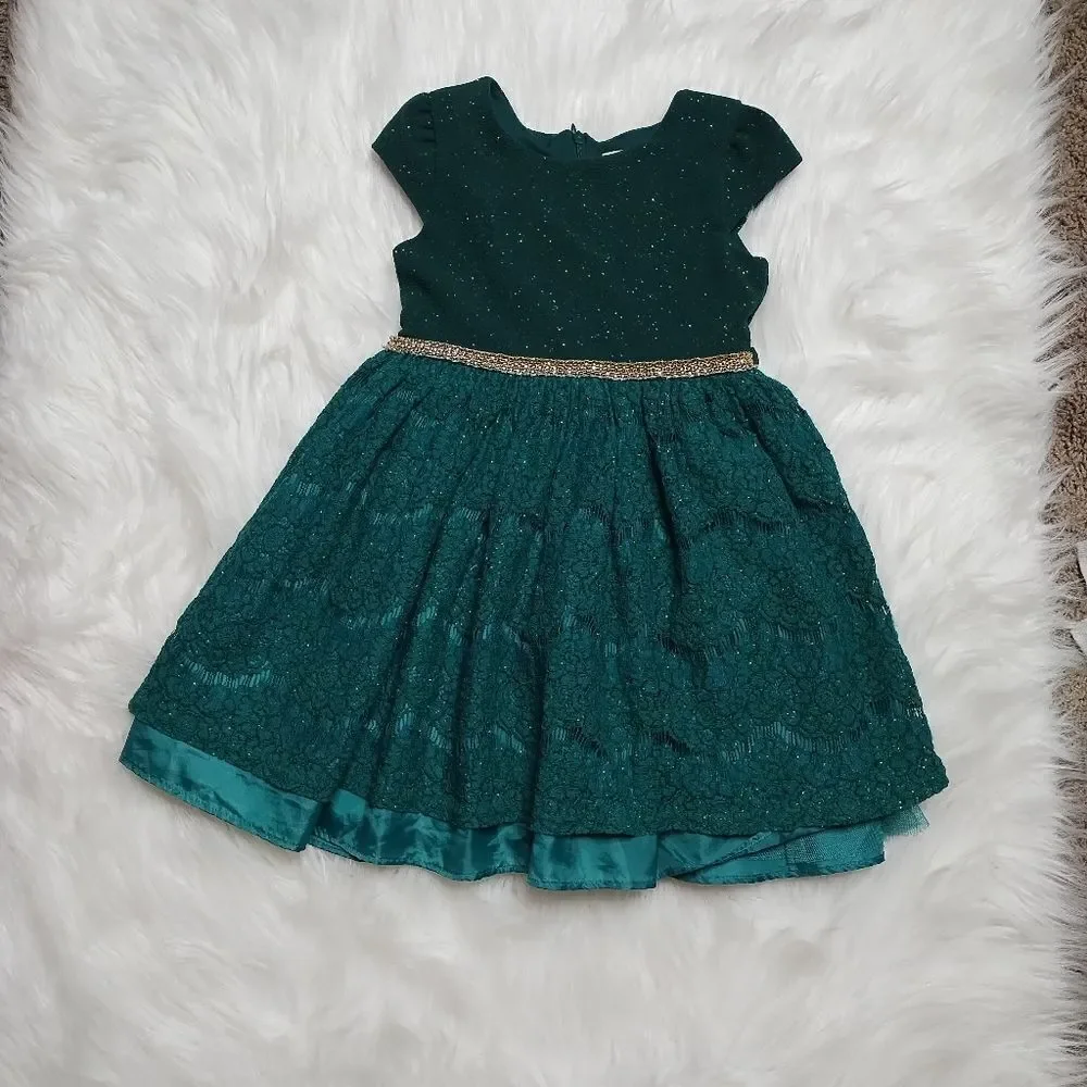 Girls Green Sparkle Lace Overlay Dress with‎ Gold Belt Size 5